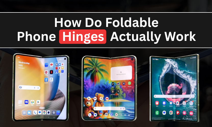 Foldable phone hinge mechanism showing internal gears
