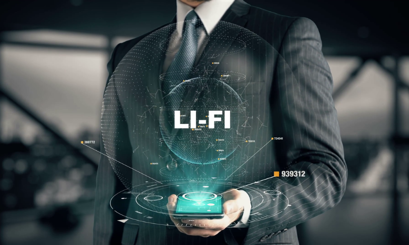 Diagram showing how Li-Fi works using LED light signals and a photodetector to transmit data