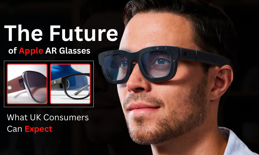 Apple AR Glasses concept showing augmented reality interface for navigation and notifications