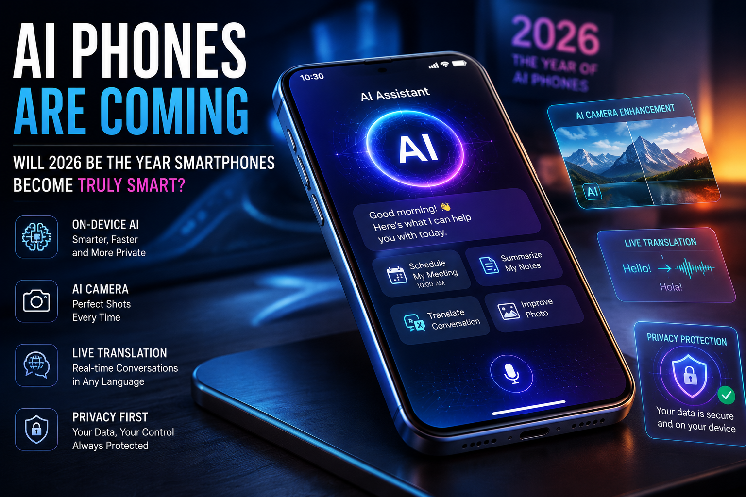 AI phones are coming in 2026 with futuristic smartphone, AI assistant, camera enhancement and privacy protection features