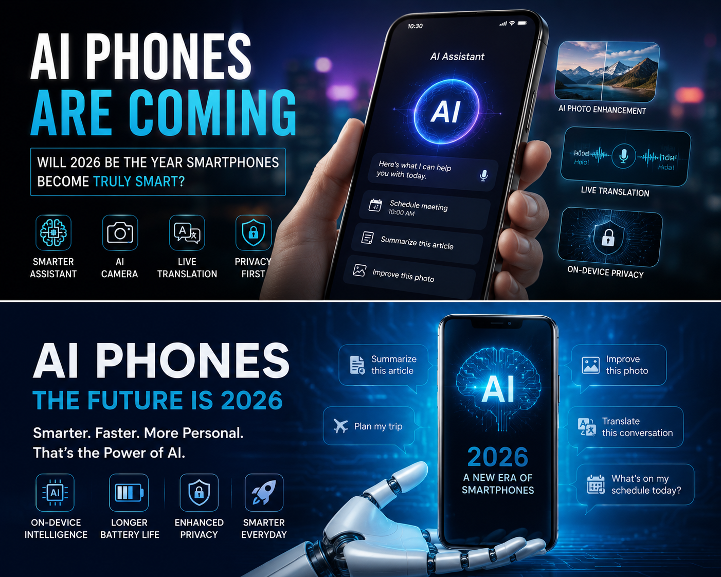 AI phones in 2026 showing smart assistant, AI camera, live translation, on-device intelligence and privacy features