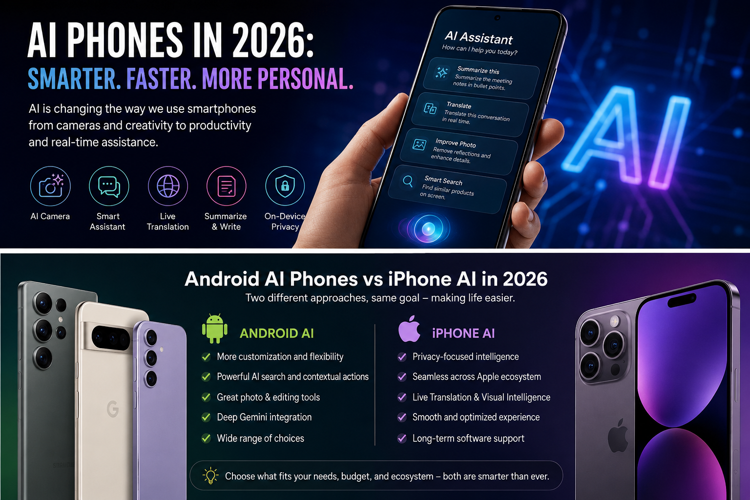 AI phones in 2026 with smart assistant, live translation, AI camera, writing tools and on-device privacy features