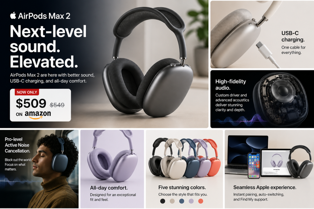 AirPods Max 2 feature showcase highlighting USB-C charging, active noise cancellation, premium audio quality, and Apple ecosystem support