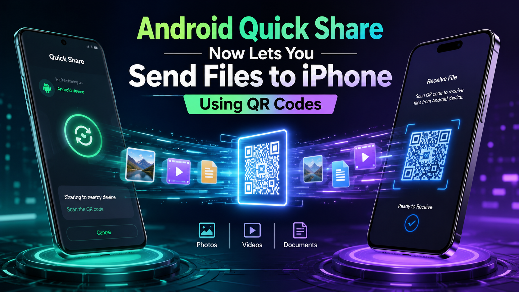 Android phone and iPhone sharing photos through Quick Share QR code