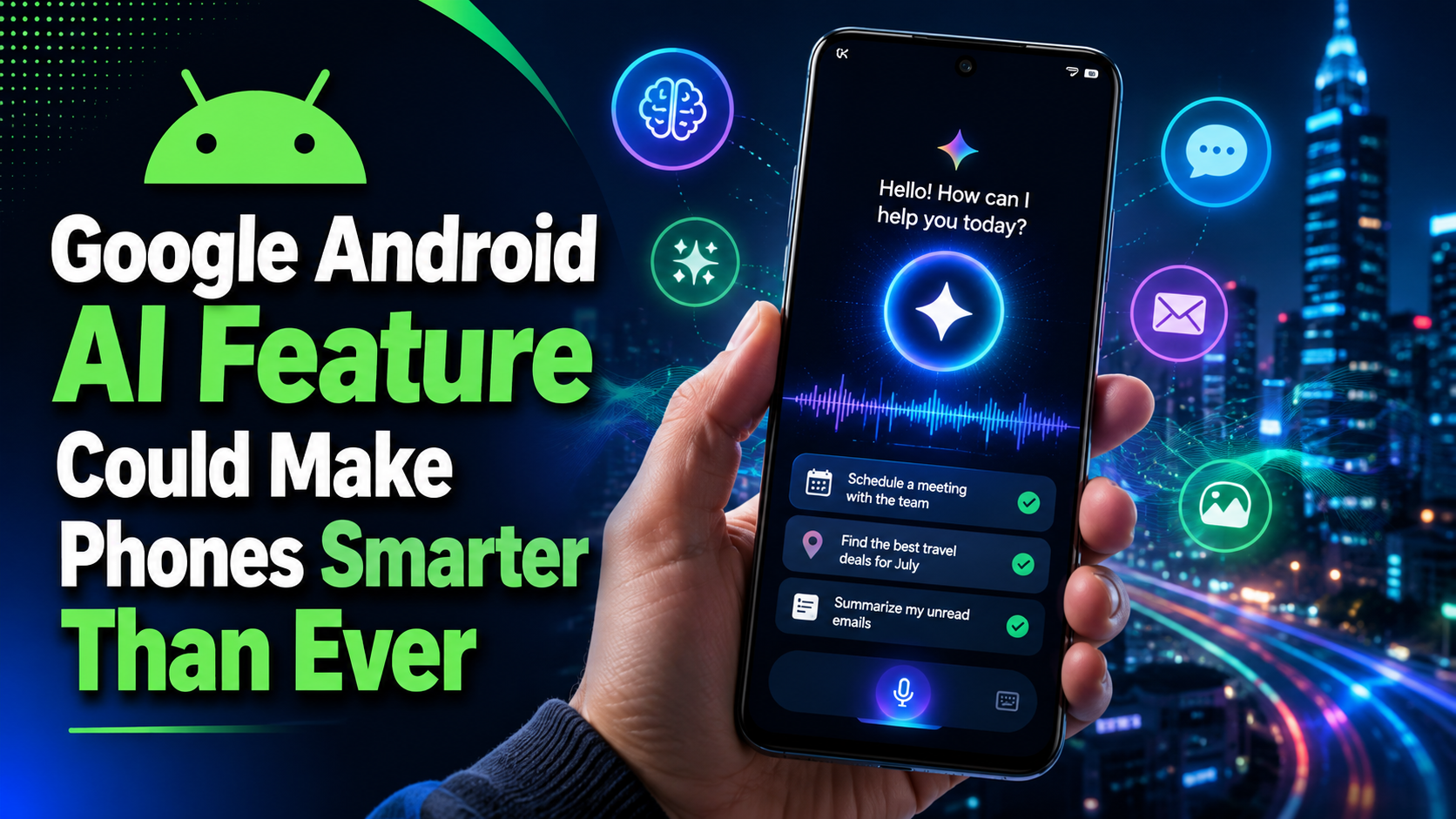 Android phone showing AI suggestions, smart widgets and Gemini assistant features