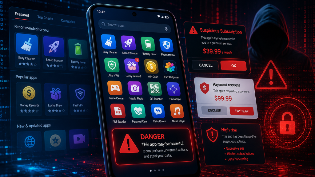 Android scam apps showing suspicious subscription and payment request warnings