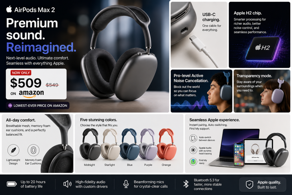 Apple AirPods Max 2 infographic displaying H2 chip, transparency mode, battery life, color variants, and Amazon discount price