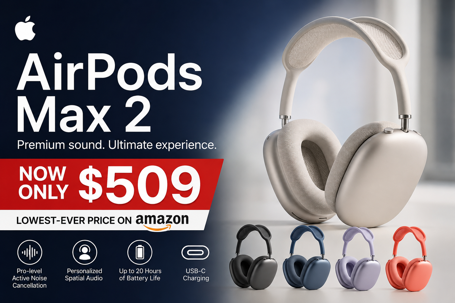 Apple AirPods Max 2 promotional image showing $509 Amazon deal with multiple color options and premium wireless headphone design