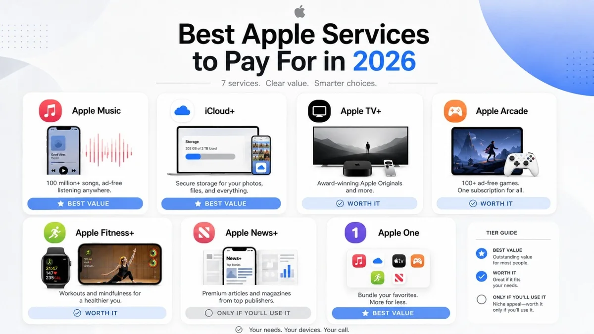 Apple Services comparison graphic showing what to buy and avoid in 2026