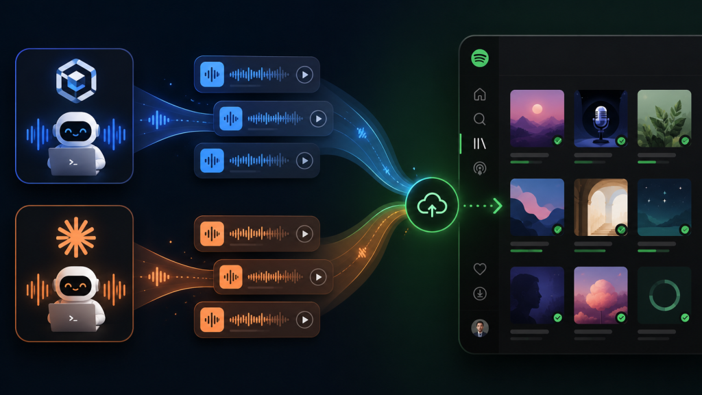 Digital illustration of AI agents like Codex and Claude sending podcast audio into a Spotify library