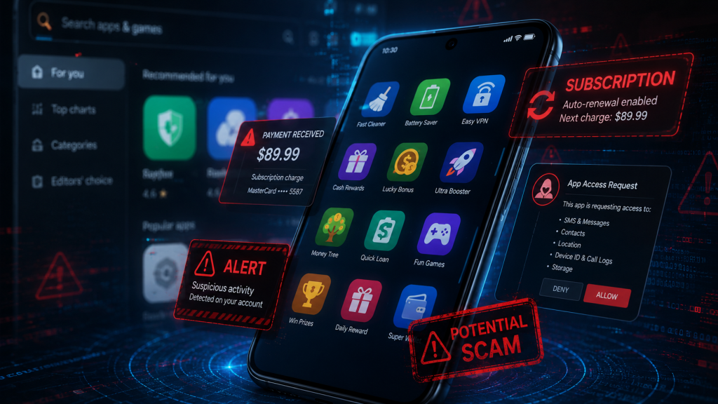 Fake mobile app marketplace with harmful app alerts and cybersecurity warnings