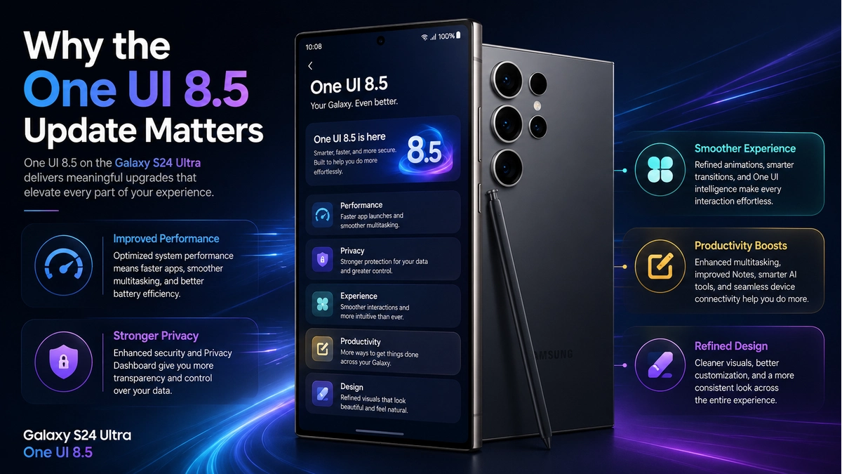 Galaxy S24 Ultra with One UI 8.5 update showing fresh design and smoother interface