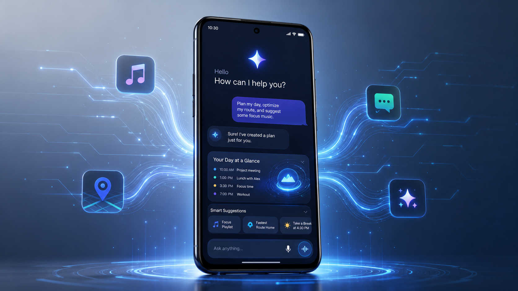 Google AI Android collage showing Gemini assistant, smart suggestions, privacy features, and connected devices
