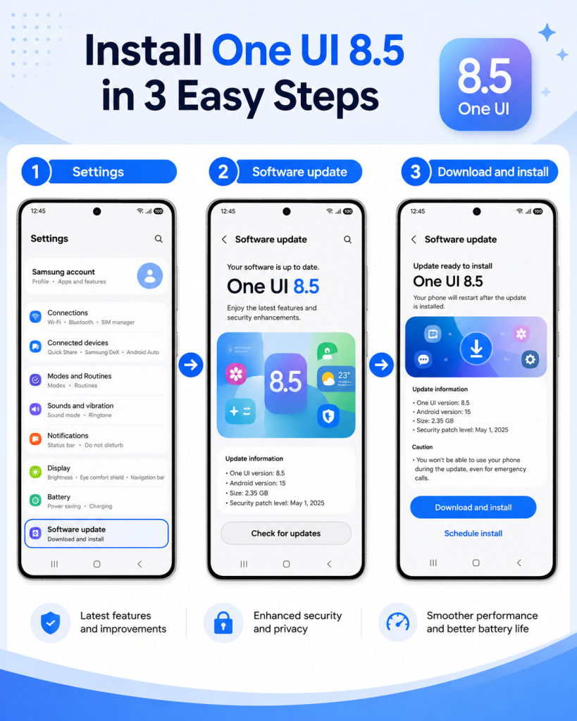 How to install Samsung One UI 8.5 update through Settings and Software update
