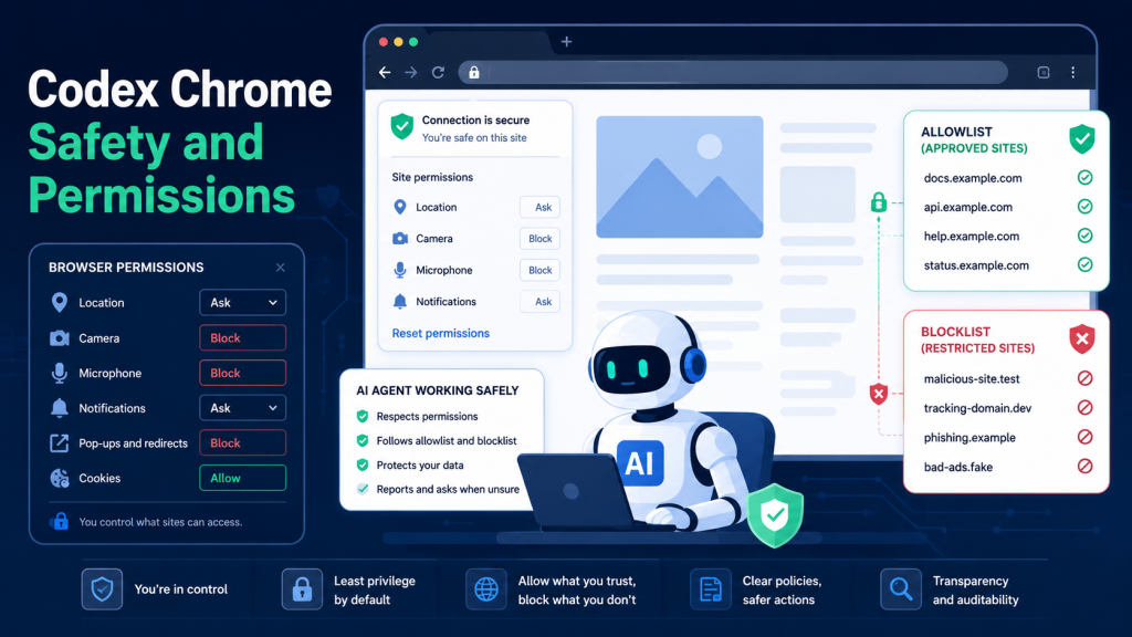 OpenAI Codex Chrome safety and permissions image showing browser approvals, allowlist, and blocklist controls