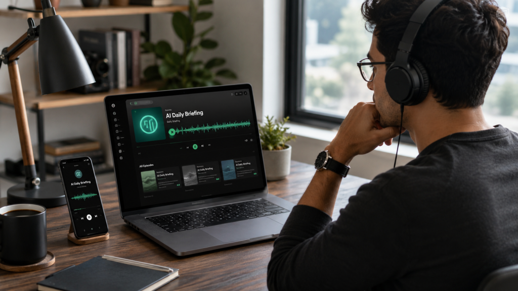 Person listening to a Spotify AI daily briefing on headphones while working on a laptop