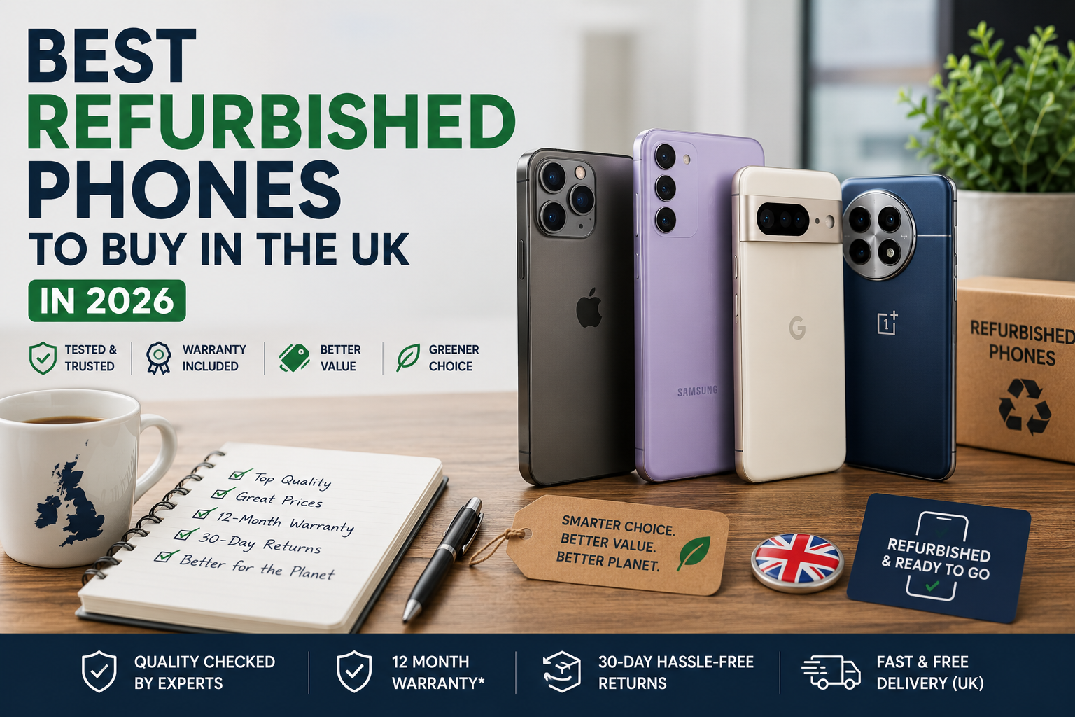 Refurbished smartphones UK buying guide showing tested phones warranty value and eco-friendly benefits