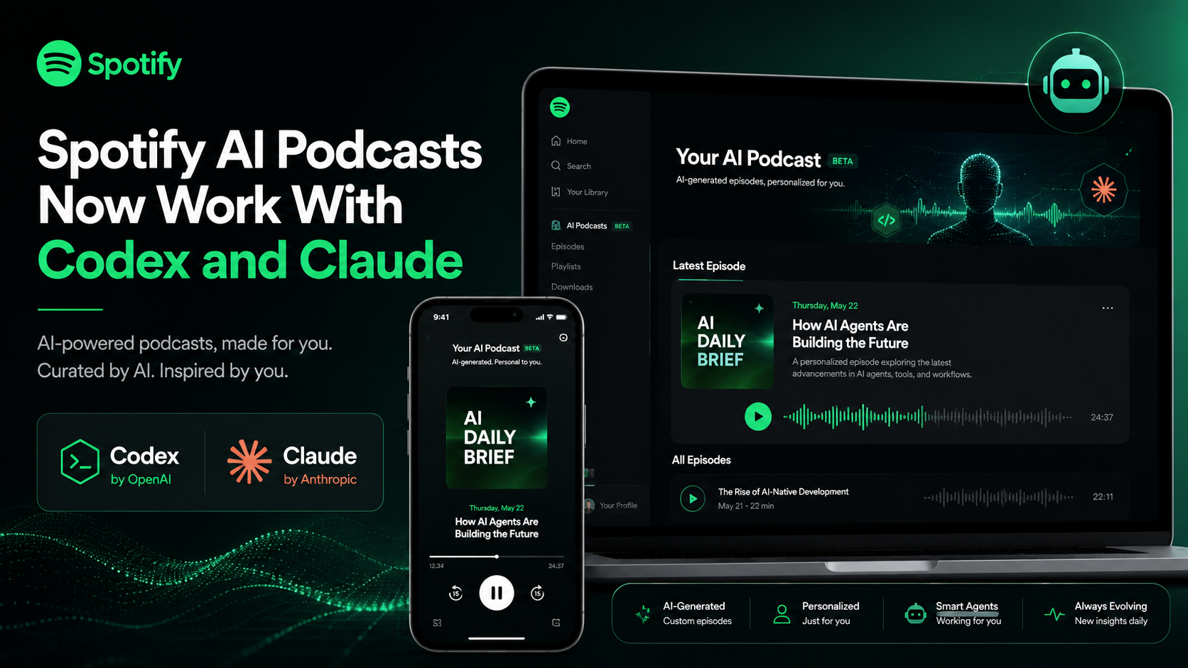 Spotify AI Podcasts now work with Codex and Claude in a futuristic Spotify-style interface