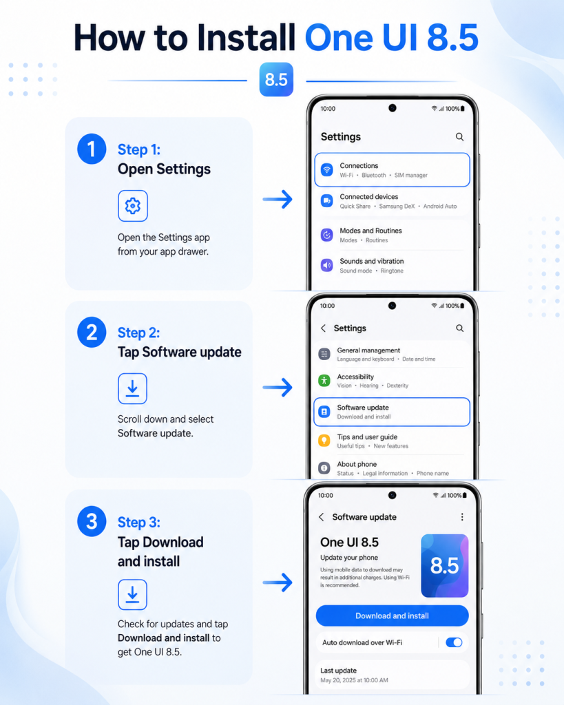 Step-by-step guide to install One UI 8.5 using Download and install option on Samsung Galaxy phone