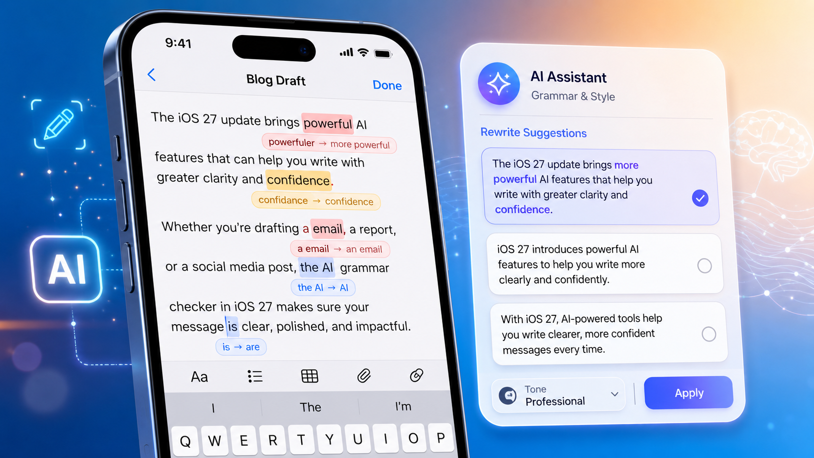Apple Intelligence writing tools improving grammar on iPhone