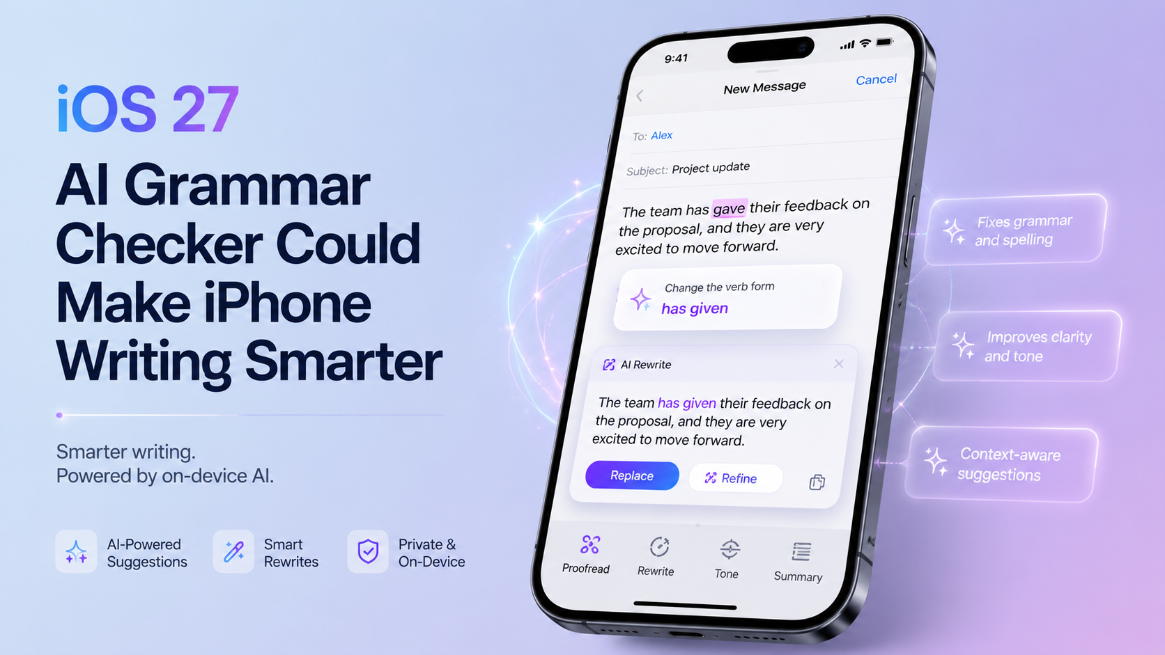 iPhone keyboard showing AI grammar and writing suggestions