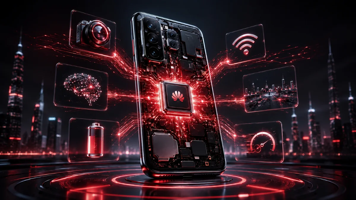 Huawei LogicFolding chip architecture concept showing advanced semiconductor layers and AI performance