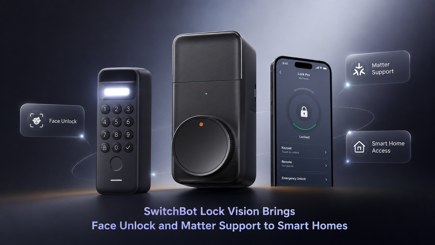 SwitchBot Lock Vision Pro smart lock showing fingerprint unlock, palm scanning and 3D face recognition on a modern front door