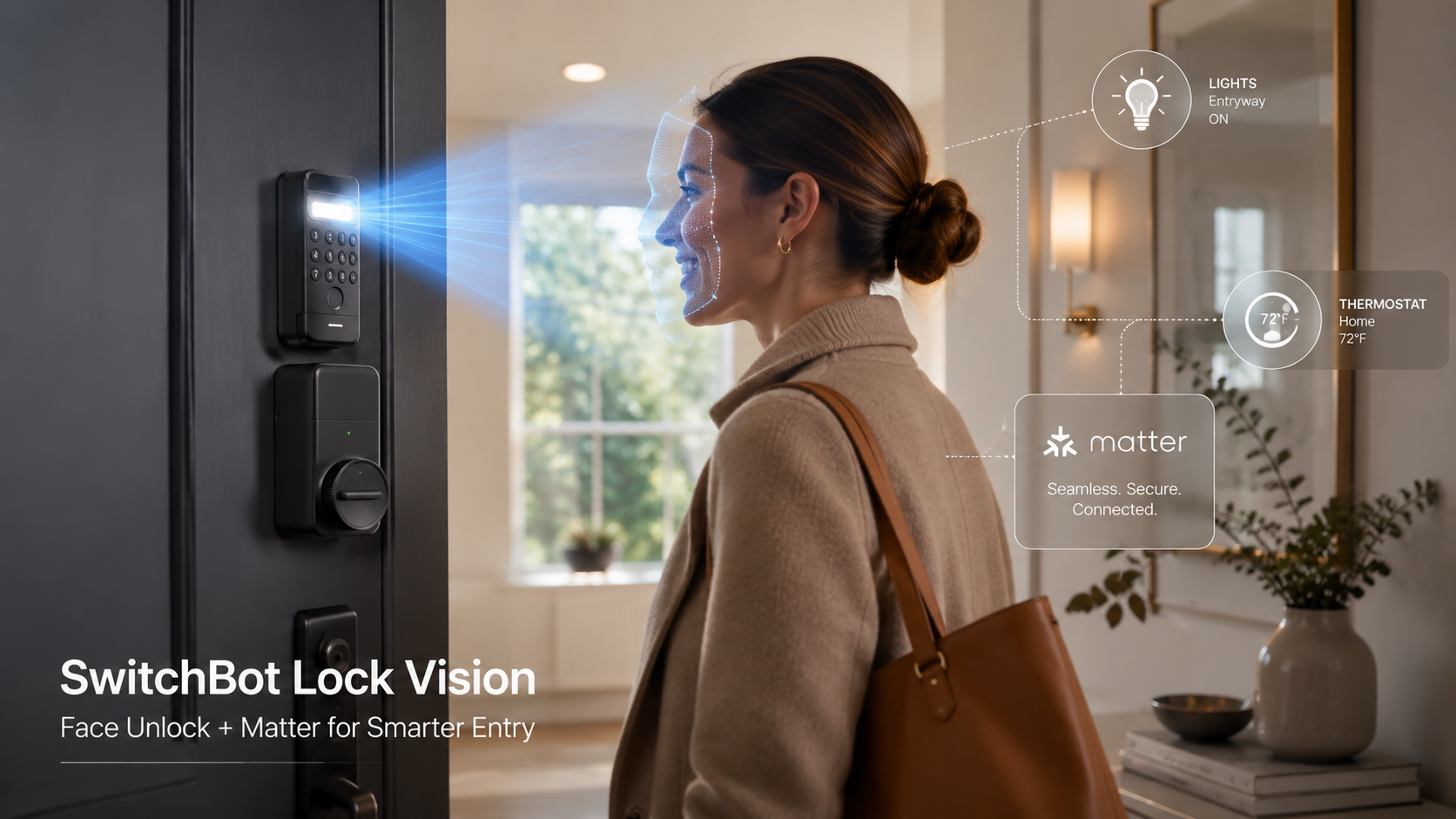 Matter-compatible SwitchBot smart lock connected to Apple Home, smart speaker and mobile app in a secure smart home setup