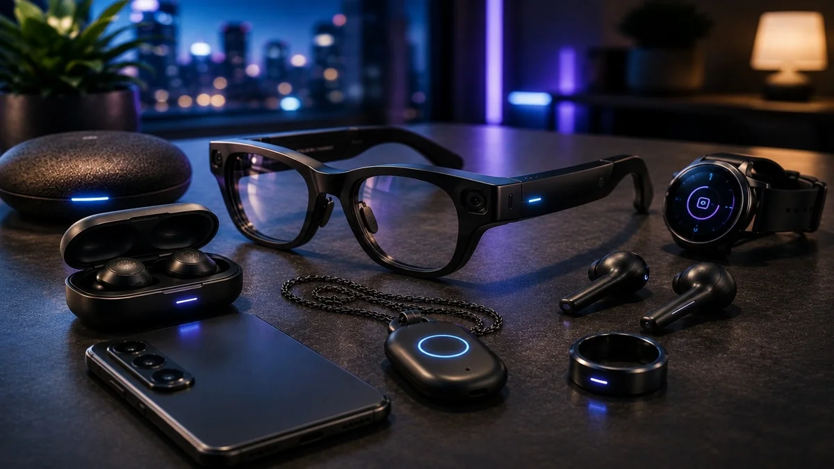 Smart glasses and AI pendant next to smartphone