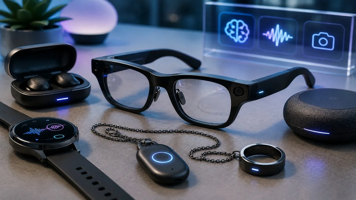 Future AI wearable gadgets with smart glasses and audio device