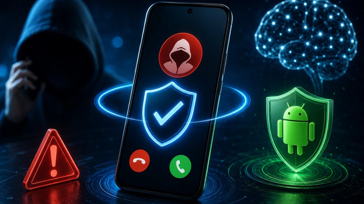 Android fake call detection warning on a smartphone screen