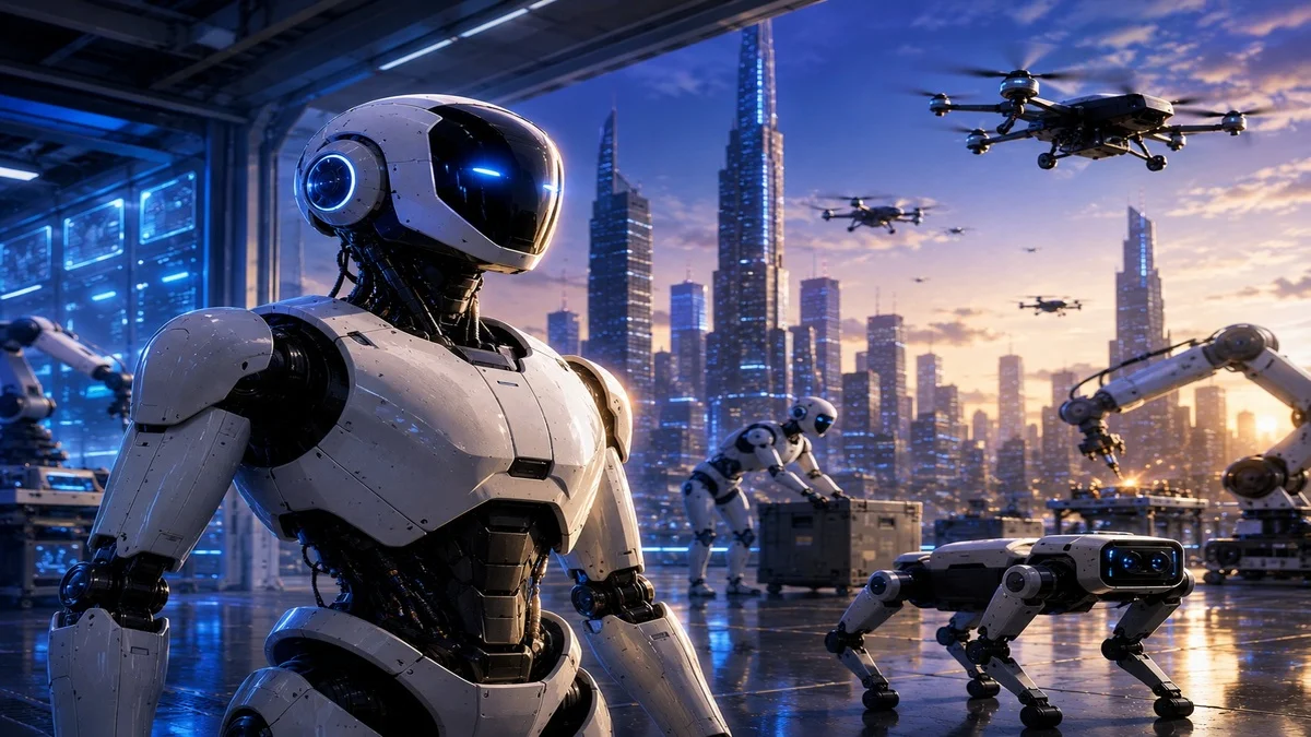 Humanoid AI robot using sensors in a modern workplace
