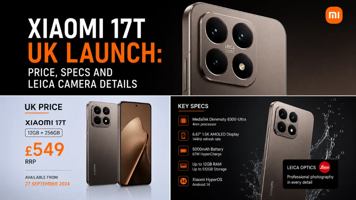 Xiaomi 17T UK launch image showing Leica camera, AMOLED display and premium Android design
