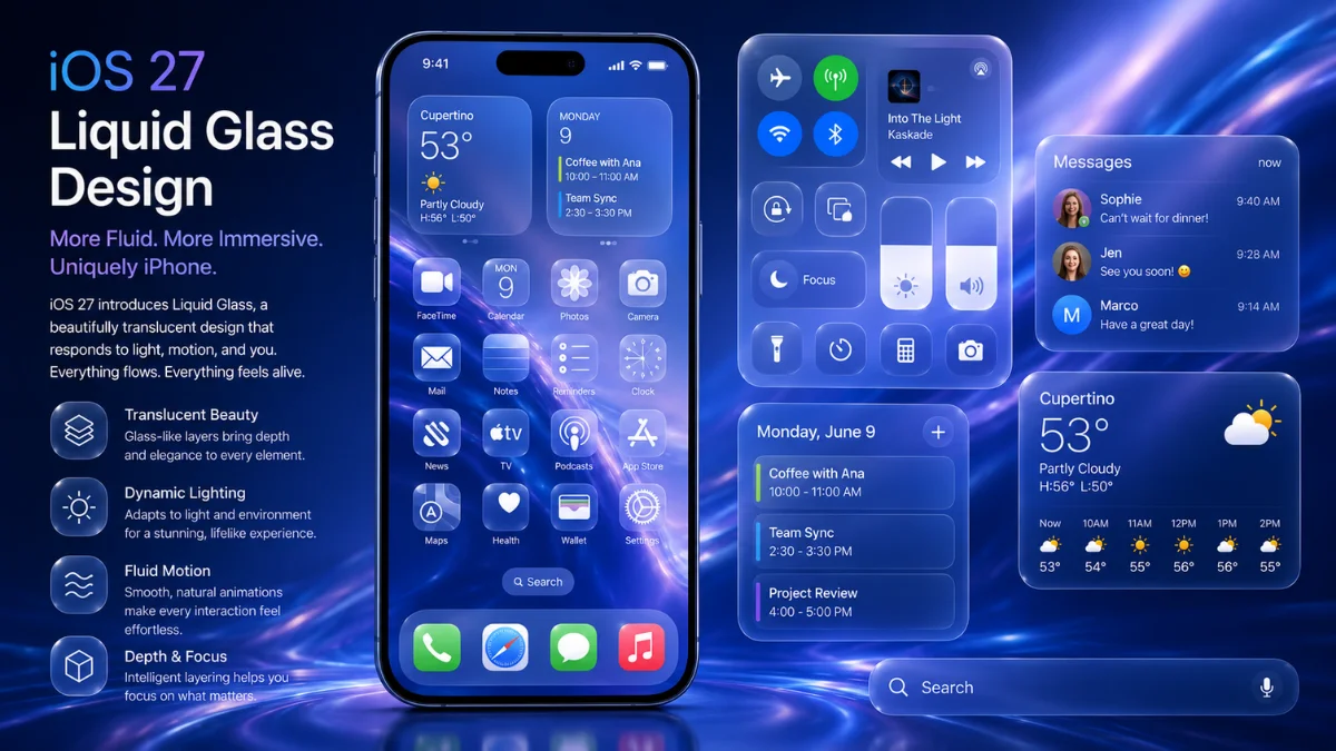 Apple iOS 27 concept with fluid Liquid Glass menus and icons